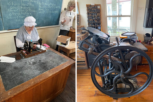 Someone spinning wool, another lady in Victorian attire sat sewing.