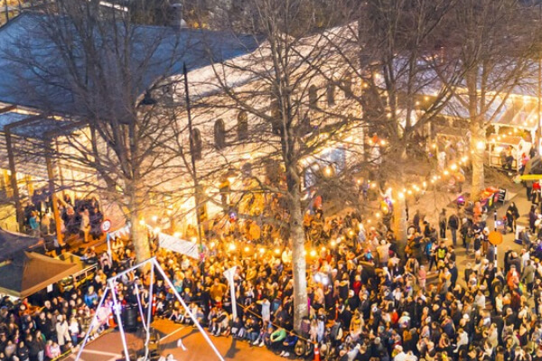 Crowd admiring the magical lights along Main Street.